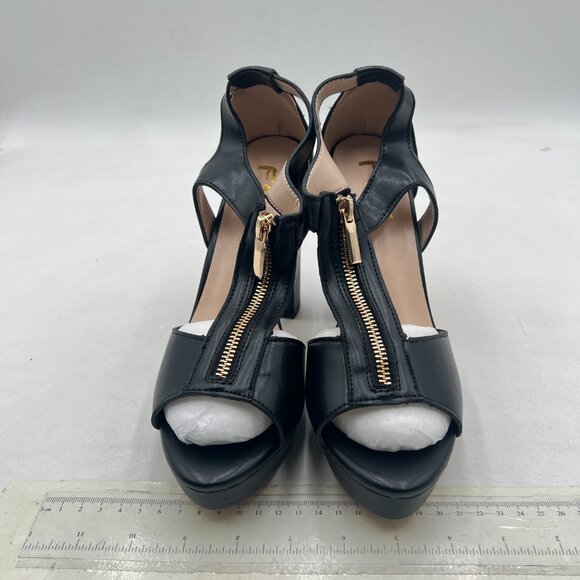 FSJ Black Peep Open Toe T-Strap Front Zipper Chunky Stacked High Heel Sandal - Picture 3 of 8